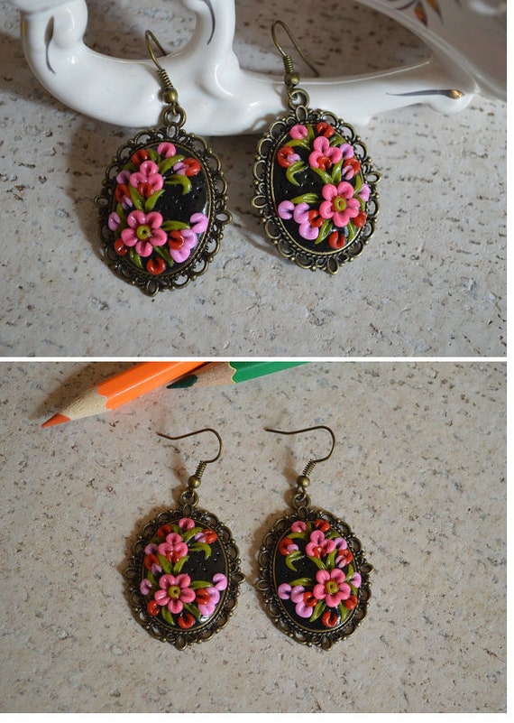 Pink Flower Earrings for Girl Pink and Black Jewelry Handmade Etsy