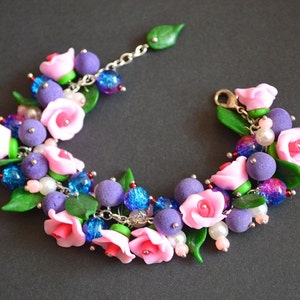 Pink bracelet for her floral Gift for girls summer jewelry roses, Charm bracelet birthday gift Jewelry boho gift for women sister gift idea image 2