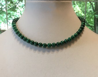 Genuine Malachite Necklace, Necklaces for Women, Silver Plated Choker, Beaded Necklace, Gemstone Choker, 17 Inch Necklace