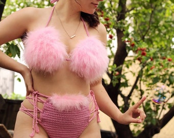 Pink faux fur barbie high waisted MIMI crochet bikini set