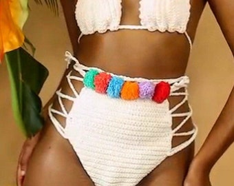 RIO pom pom high waisted crochet bikini bottoms -100%cotton