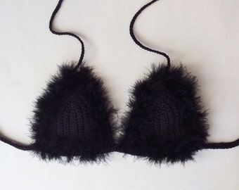 Crochet Feather Faux Fur Bralette Top, Festival Bikini