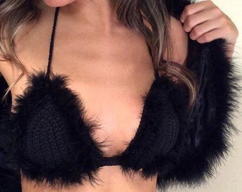 SALE!! Crochet feather fur white / black festival bikini bralette top