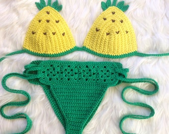Cute boho Pineapple inspired crochet bikini festival halter top -100%cotton