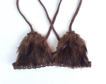 Boho festival or rave Brown faux fur cotton crochet bra top