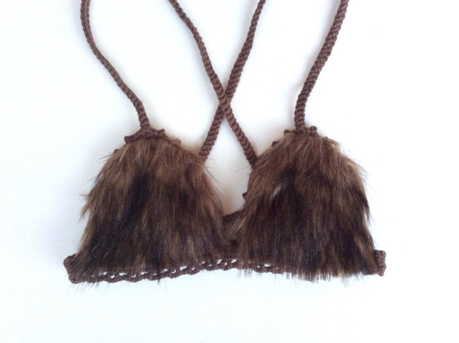 Boho festival or rave Brown faux fur cotton crochet bra top