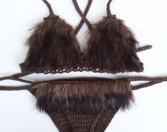 Faux dark brown fur crochet bikini festival set - festival - rave wear