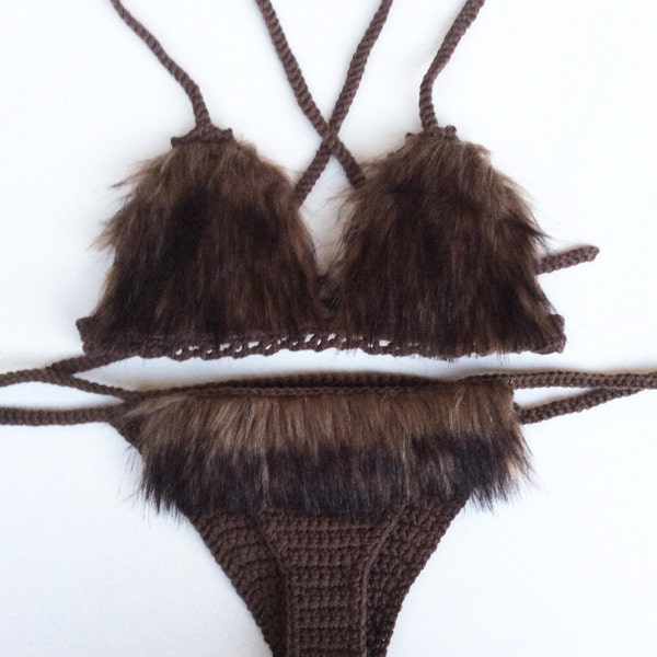 Faux dark brown fur crochet bikini festival set - festival - rave wear