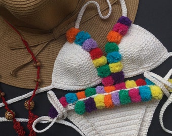 Rio pom pom colorful boho crochet bikini SET -100% cotton