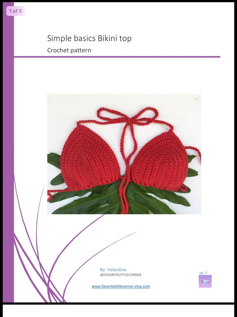 Peut inclure: Un haut de bikini rouge en crochet avec un n&oelig;ud au cou. Le haut est sur un fond de feuille verte.