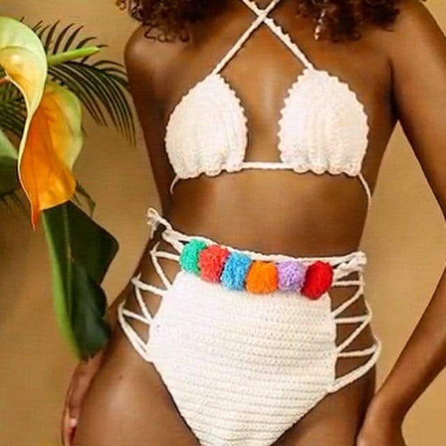 RIO pom pom high waisted crochet bikini bottoms -100%cotton