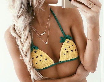 Crochet Boho pineapple swim festival bikini top -100%cotton