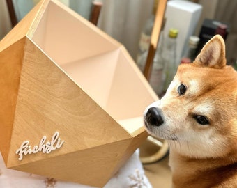 Shiba Inu Geschenk, personalisierte Hundespielzeugkiste mit Namen, Hundeaufbewahrungsbehälter, Holzspielzeugkiste, individuelle Haustier-Aufbewahrungsbox, geometrische Hundemöbel, Shiba Inu