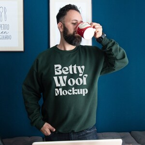 Male Model Gildan 18000 Mockup Sweatshirt Forest Green Crewneck Oversized Mockup Indoor Christmas Sweater Men Mockup Gildan Office Mockup