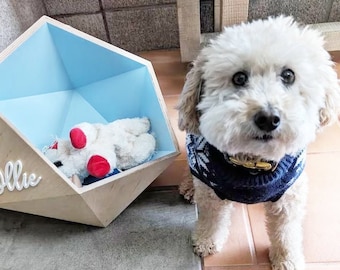 Haustier-Aufbewahrungsbox, kleiner Hundespielzeugkorb mit Namen, personalisierte Hunde-Aufbewahrungsbox, blaue Hundezimmermöbel, Holz, handgefertigter Haustierspielzeugkorb, individuelles Geschenk