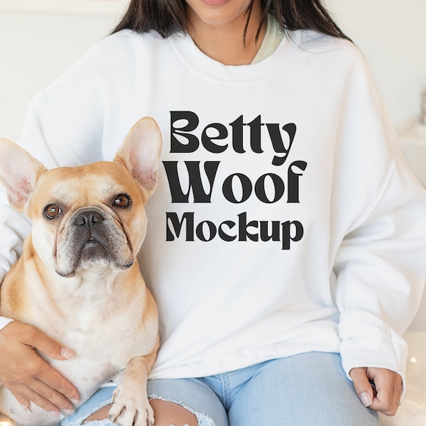 Dog Mockup Sweatshirt Gildan 18000 Frenchie Mock up Dogmom Shirt Franse Bulldog Mockup Witte trui Pet Owner Mockup Vrouw Crewneck Mockup