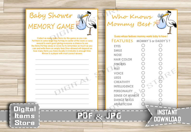Baby Shower Memory Game Baby Shower Who Knows Mommy Best Game Stork Instant Download so1 Memory Who Knows Mommy Stork Orange White