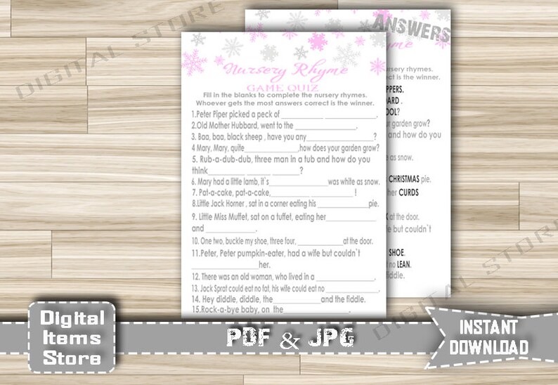 Winter Nursery Rhyme Quiz Game for Baby Shower Girl Instant Download Nursery Rhyme Game Printable with Snowflake Pink Gray sp2
