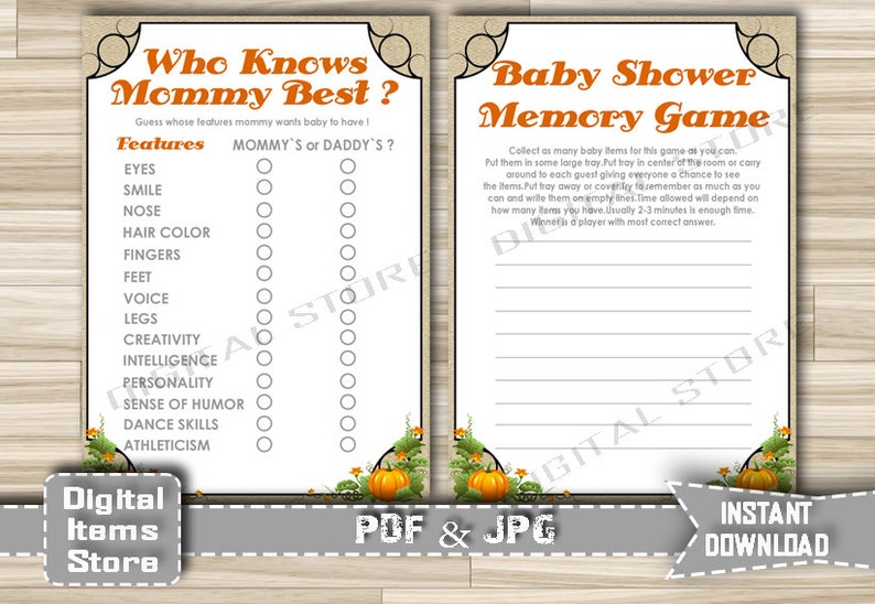 Baby Shower Who Knows Mommy Best Pumpkin Orange pk1 Instant Download Baby Shower Memory Game and Who Knows Mommy Pumpkin Fall Burlap