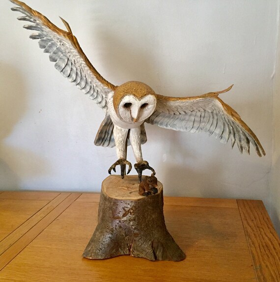 Hunting Female Barn Owl With Wood Mouse Lime Wood Sculpture Etsy