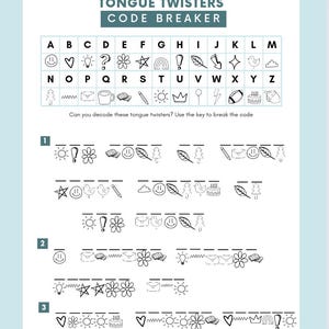 May include: A printable worksheet with a code-breaking activity for kids. The worksheet features a key with letters of the alphabet represented by different icons. The activity asks kids to decode tongue twisters using the key.