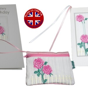 Geborduurde Roze Roos Verjaardagskaart Portemonnee Bookmark Set UK Made Green Ivory matching set