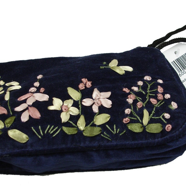 Light Navy Blue Velvet Embroidered Clutch Bag Credit Card Pouch Case Ribbon Decoration RCN