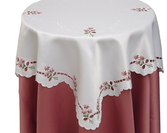 Square White / Pink Forget Me Not  Cutwork Bedside Kitchen Hall Dining Conservatory Embroidered Tablecloth TOP CLOTH ONLY