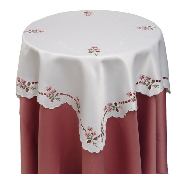 Square White / Pink Forget Me Not  Cutwork Bedside Kitchen Hall Dining Conservatory Embroidered Tablecloth TOP CLOTH ONLY