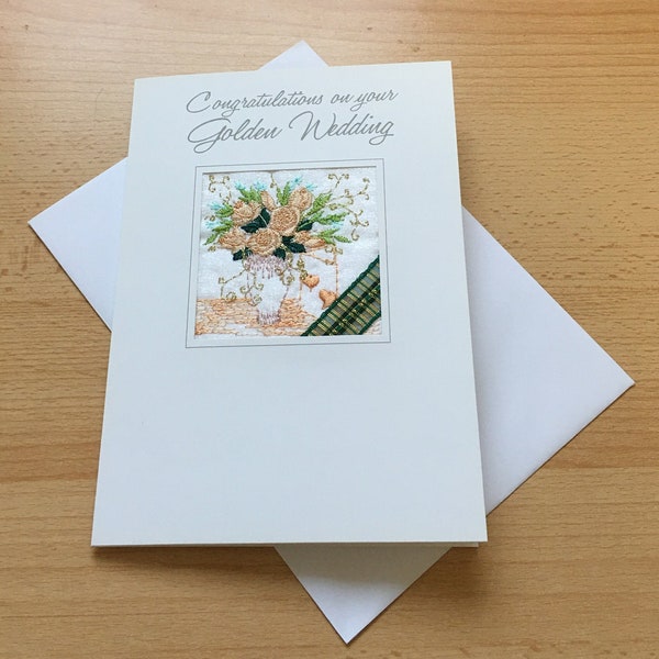 Brodée Golden Wedding Anniversary Card Handmade 50 years Celebration Jubilee Fifty Ekard UK Made 50th Broderie