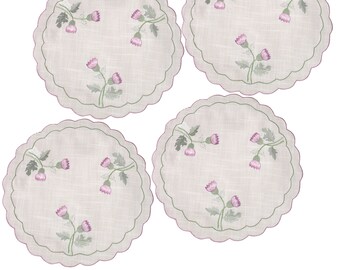 Pack of 4  40cm Round Scottish Scotch Scots Thistle Embroidered Scalloped Edge Doilies Place Mats Kitchen Dining Sideboard C60