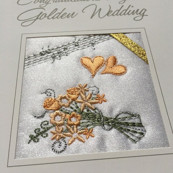 Carte d'anniversaire de mariage dorée brodée à la main 50 ans célébration jubilé cinquante Ekard Royaume-Uni fait 50e broderie