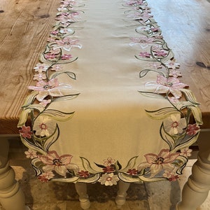 Rosa Grün Blumen Floral Daisy Stickerei Lange Tischläufer Bogenrand Cutwork Küche Esszimmer Creme Basistuch Rechteckig