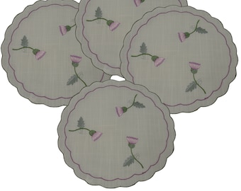 Pack of 4  30cm Round Scottish Scotch Scots Thistle Embroidered Scalloped Edge Doilies Place Mats Kitchen Dining Sideboard C30