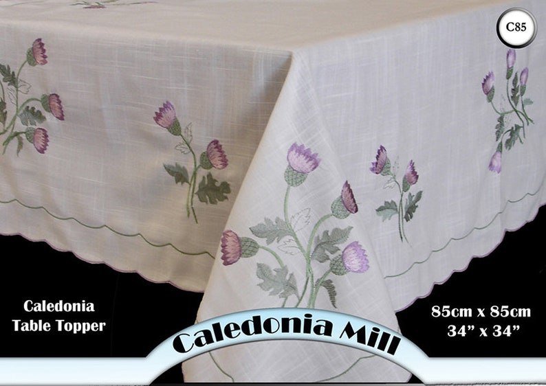 Square White /'Linen Look/' Scottish Thistle Bedside Kitchen Hall Dining Conservatory Embroidered Tablecloth TOP CLOTH ONLY
