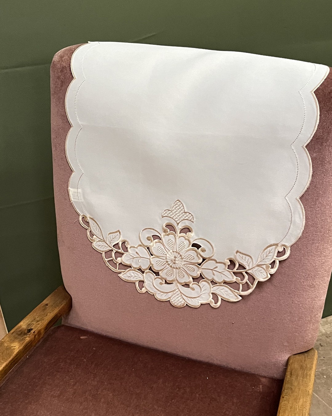 Plain Cream Embroidered Floral Cutwork Scalloped Edge Arm Chair Back Covers Antimacassar Settee
