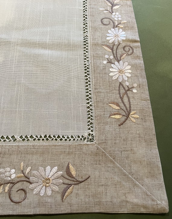 Runner Da Tavola Lino Cotone Bianco 275 Cm - Ricamo Fatto A Mano, Decorazione Elegante Per Tavola