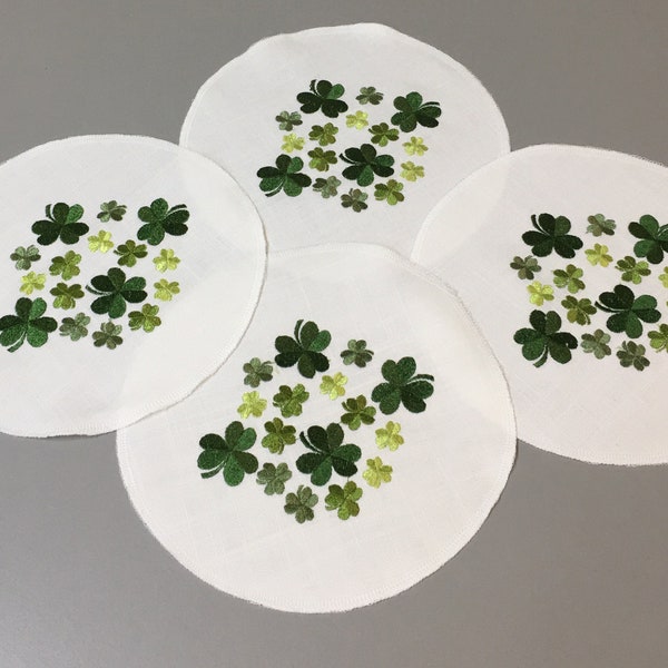 Set of 4 Irish Ireland Shamrock Clover Embroidered Round Circular Doilies Placemats Coasters Forty Shades Green mats Vase Stand Sideboard