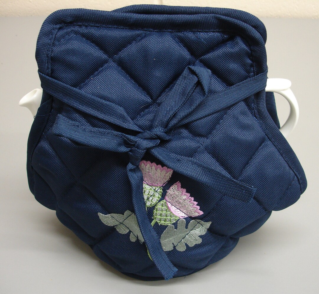 One Scottish Thistle Embroidered Tea Cosy Navy Linen Weave Pink Lilac Green Etsy