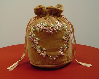 One Brown Velvet  Ribbon Drawstring Dorothy Bag Hand Embroidery Evening Pullcord Bag