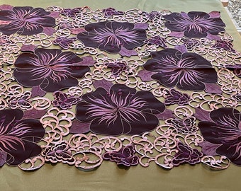 Deep Purple Lilac Aubergine Floral Embroidery Square Tablecloth Cutwork scalloped edge  kitchen Dining Purple Base Cloth trellis