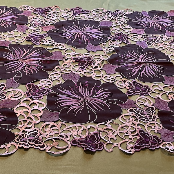 Deep Purple Lilac Aubergine Floral Embroidery Square Tablecloth Cutwork scalloped edge  kitchen Dining Purple Base Cloth trellis