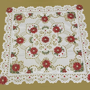 Röd Grön Guld Vit Julstjärnebroderi Fyrkantig Bordsduk med vågig kant, utskärning, kök, matsal, vit basduk