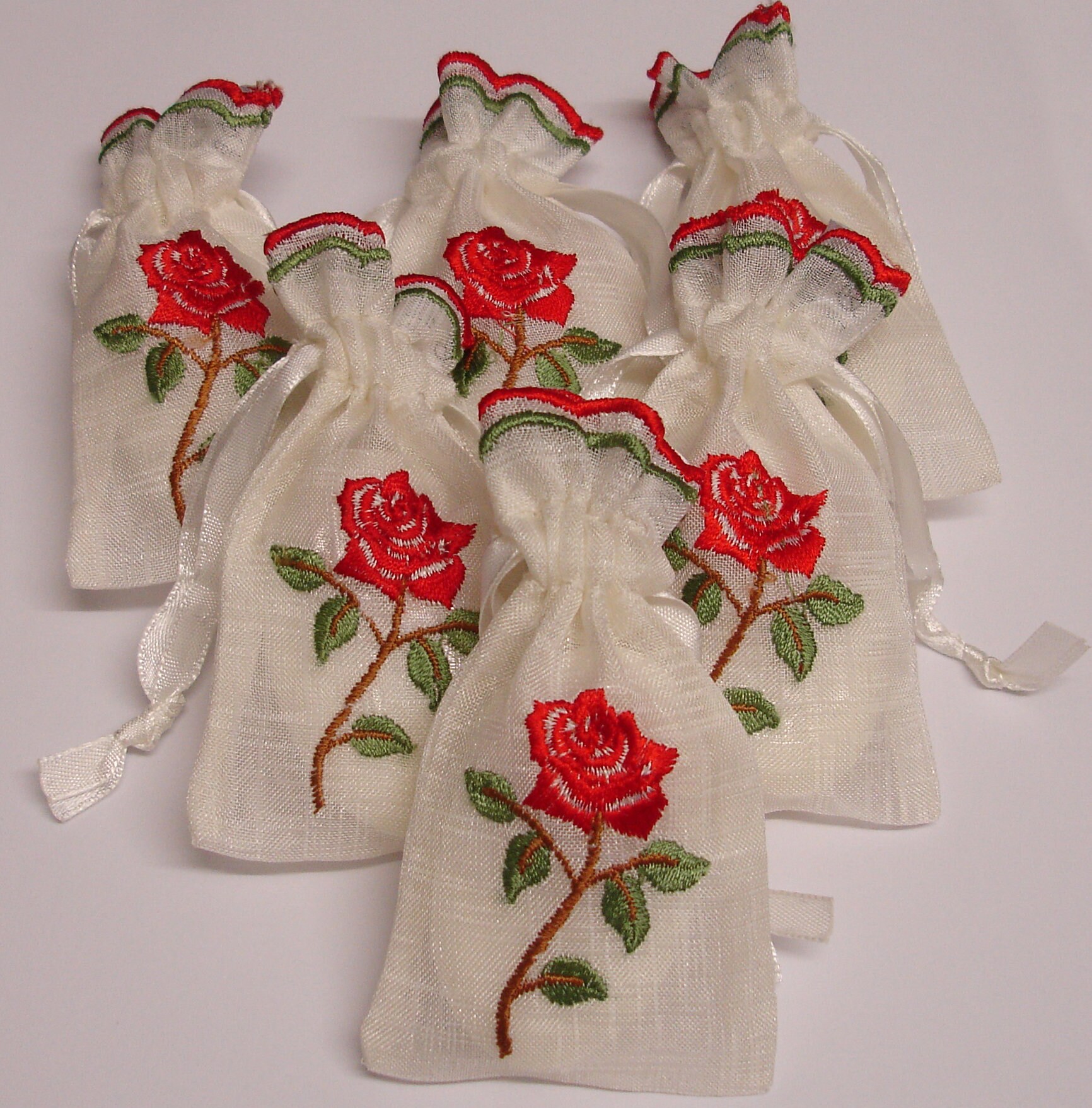 6 Red Rose Embroidered White Organza Semi Sheer Drawstring Etsy