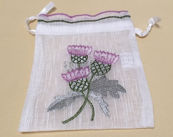 Scottish Thistle Embroidered Drawstring Bag Light Organza voile 'linen look' fabric wedding favour favor Scots