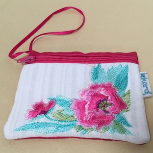 Blanco PInk Azul Rosa Floral Bordado tarjeta de débito Ladies Girls Bolso con correa de muñeca