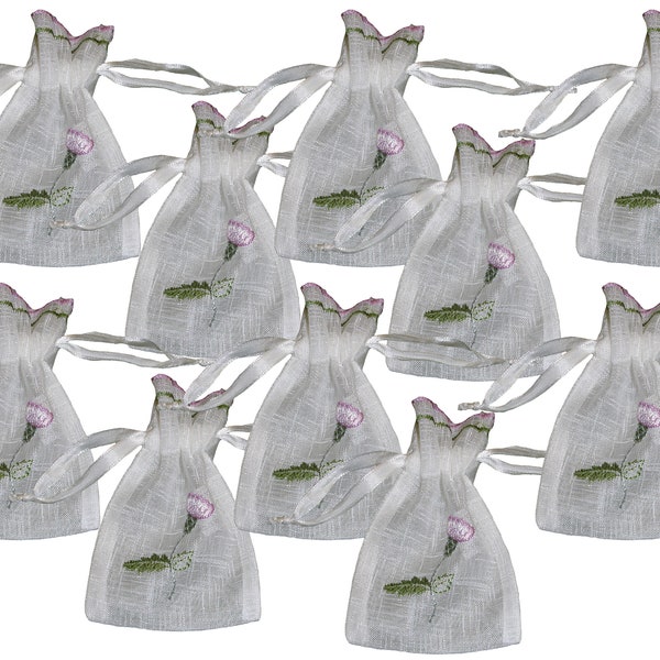 10 New Scottish Thistle Embroidered White Organza Semi Sheer Drawstring Ribbon Pull Lavender Wedding Favour Gift Bags ZC33