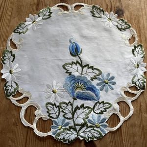 Può includere: Tovaglietta all'uncinetto bianca con un motivo floreale blu e verde. La tovaglietta ha un bordo smerlato e presenta un grande fiore blu al centro.