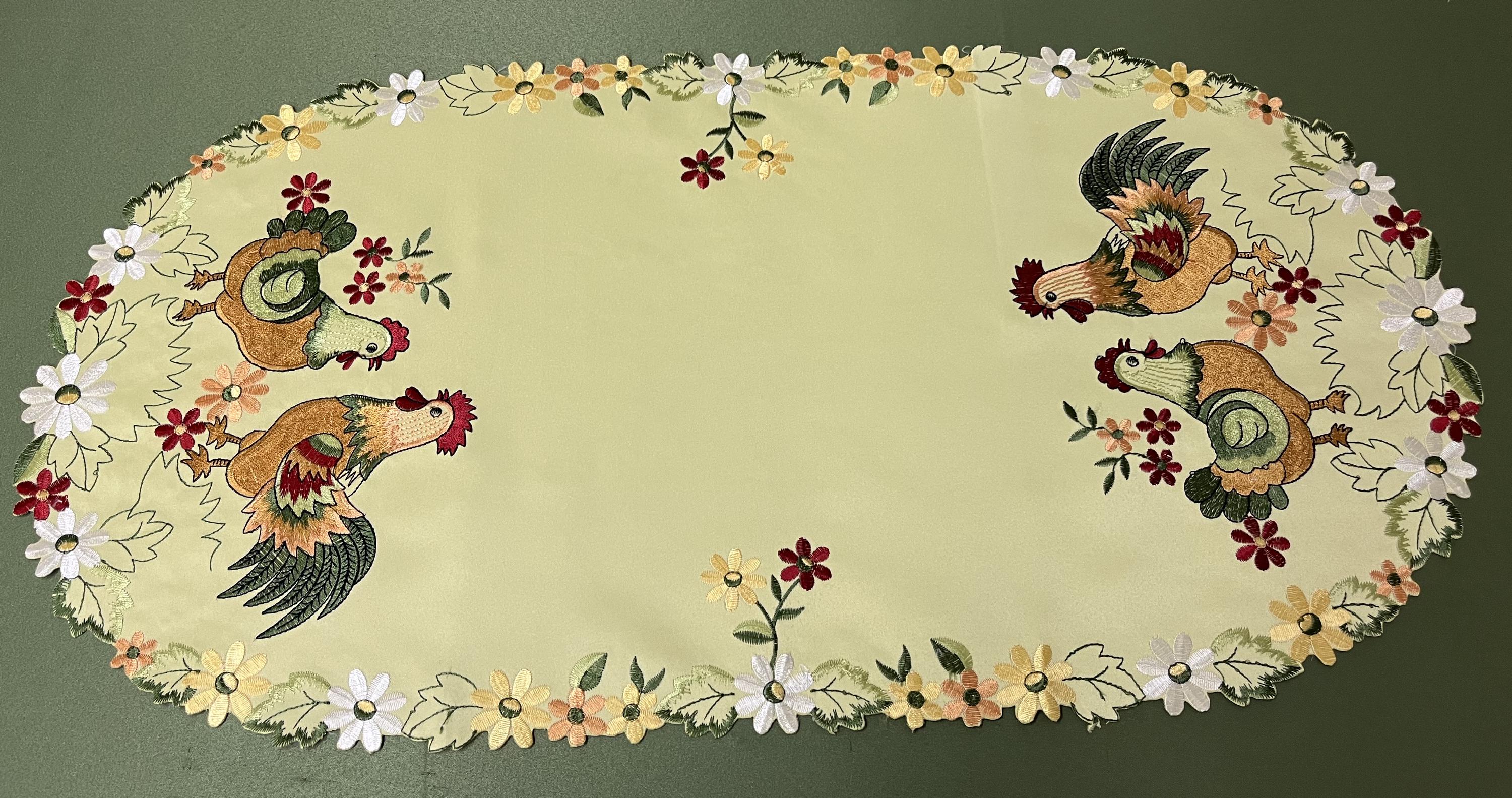 Runner da tavolo per Pasqua, ca. 40 x 140 cm, bianco crema con gallo e galline applicazioni in marrone con ricamo a uovo di Pasqua colorato