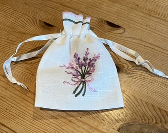 Purple Lilac English Lavender Embroidered Drawstring Bag heavy &#39;linen look&#39; fabric wedding favour favor